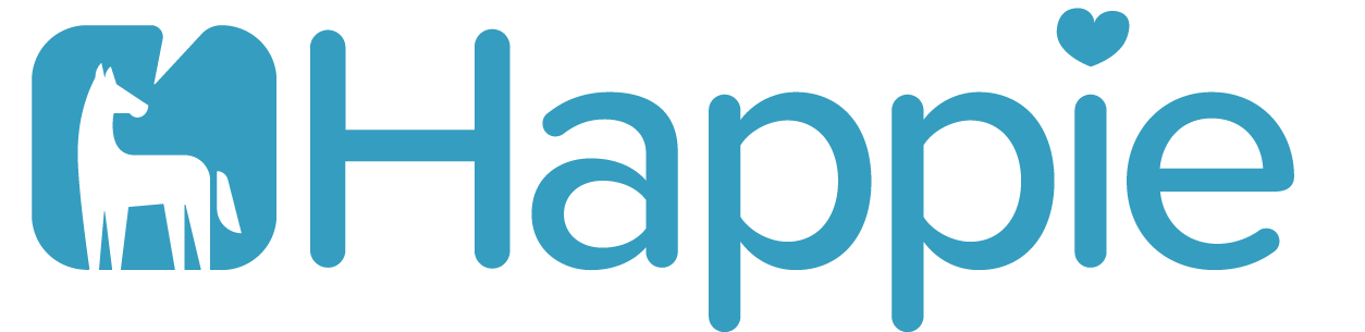 Geschrieben steht Happie. Anstelle des i-Punktes steht ein kleines Herz. Vor dem Namen ist ein Logo mit einem Pferd.